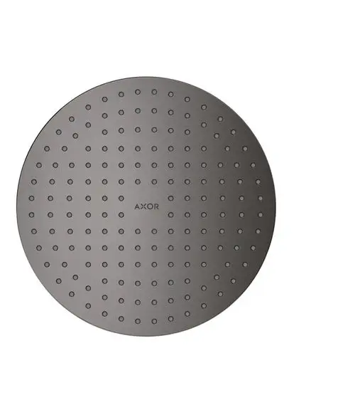 Runde Duschelement von AXOR mit gleichmäßig verteilten Wasserauslässen auf der Oberseite. Die Oberfläche hat eine dunkle, gebürstete Chrom-Optik.